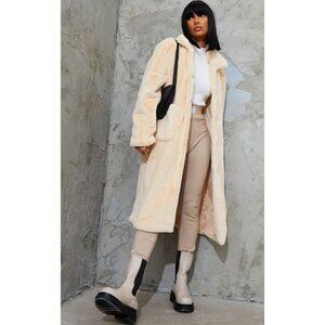 PrettyLittleThing Cream Soft Faux Fur Maxi Pu Belted Midi Coat US 4